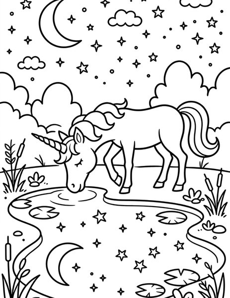 Starlight Unicorn coloring page: A unicorn drinks from a star pool.