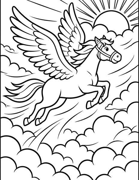 Pegasus Flight coloring page: A winged horse races the wind.