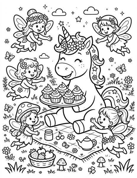Unicorn Picnic coloring page: A unicorn shares cupcakes.