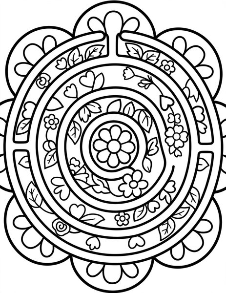 Detailed Garden Labyrinth coloring page: A flower labyrinth in fine linework.