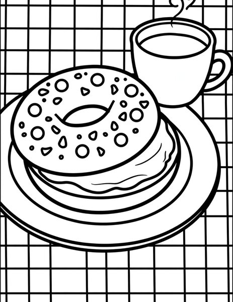 Bagel coloring page: A toasted bagel with cream cheese.