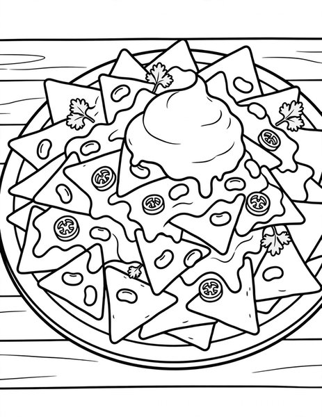 Nachos coloring page: A platter of loaded nachos.
