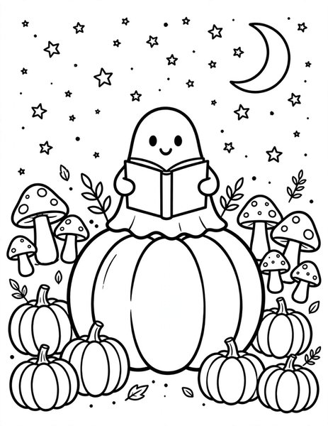 Cozy Ghost Storytime coloring page: A cute ghost reading a storybook among pumpkins and mushrooms