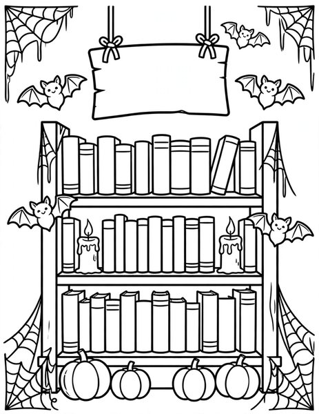 Haunted Library coloring page: A cozy bookshelf with bats, pumpkins and cobwebs