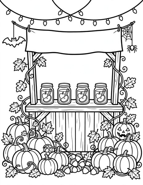Pumpkin Cider Stand coloring page: A rustic stand with pumpkins, cider jars and string lights