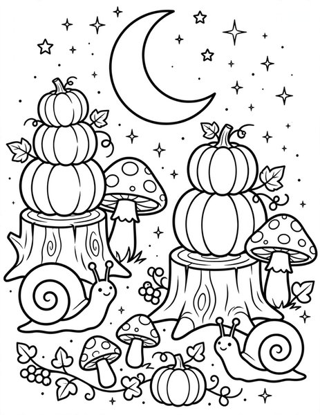 Stumpkin Patch coloring page: Pumpkins on tree stumps with snails and mushrooms