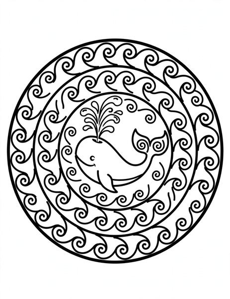 Whale Song Mandala coloring page: A whale spouts among the waves.
