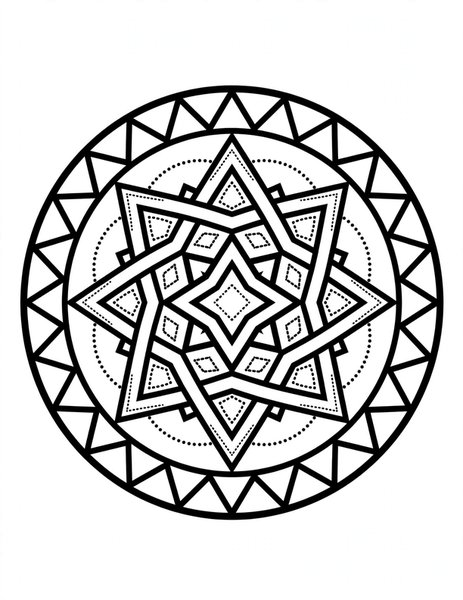 Geometric Star Mandala coloring page: Sharp stars interlock with precision.
