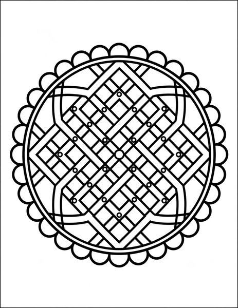 Diamond Lattice Mandala coloring page: Diamonds weave into a sparkling web.