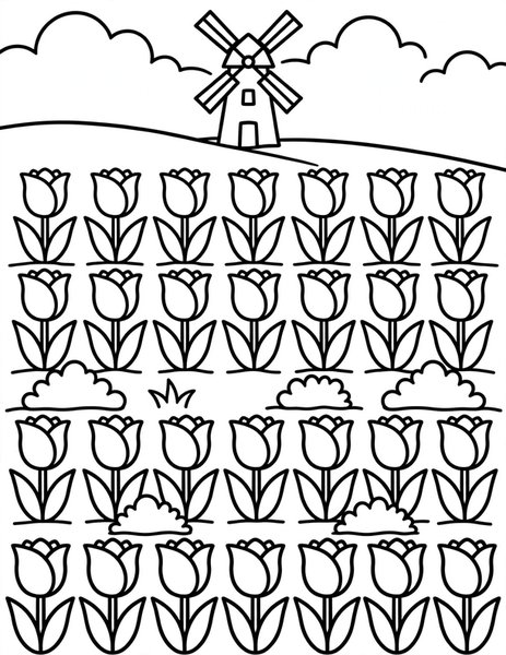 Tulip Rows coloring page: Tulips stripe the spring garden.