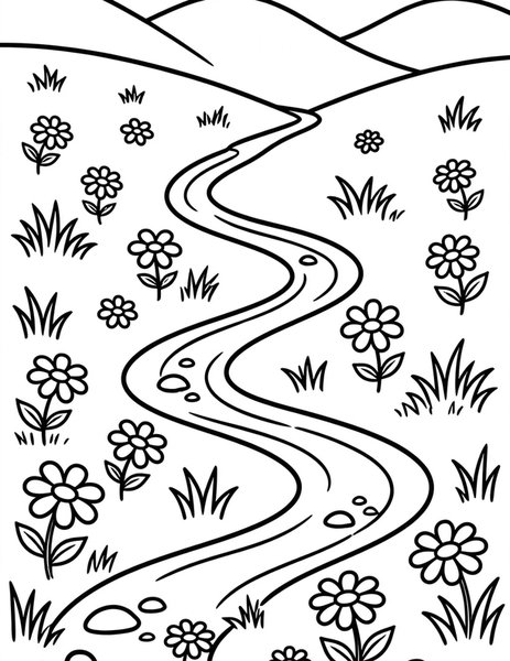 Daisy Meadow coloring page: Daisies dot a sunny meadow.