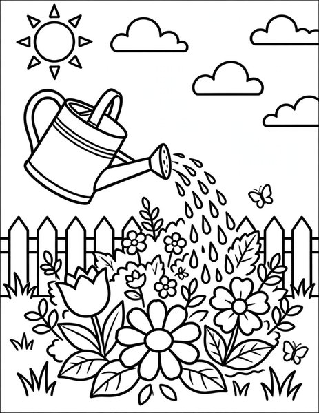 Watering Day coloring page: A watering can showers the flowers.