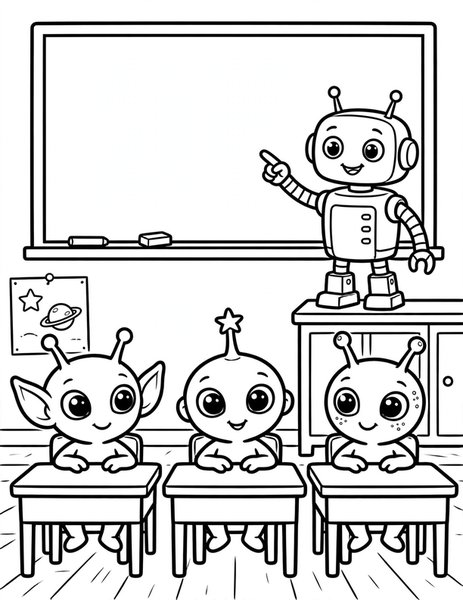 Alien School coloring page: Alien kids learn from a robot teacher.