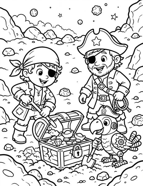 Space Pirates coloring page: Friendly space pirates hunt for treasure on an asteroid.