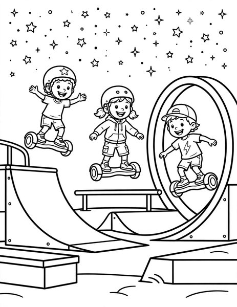 Hoverboard Park coloring page: Kids zoom around a skate park on floating hoverboards.