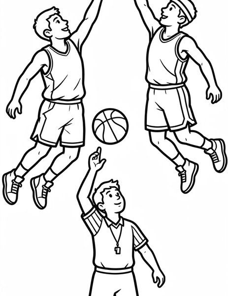 Jump Ball coloring page: Two players leap for the tip-off.
