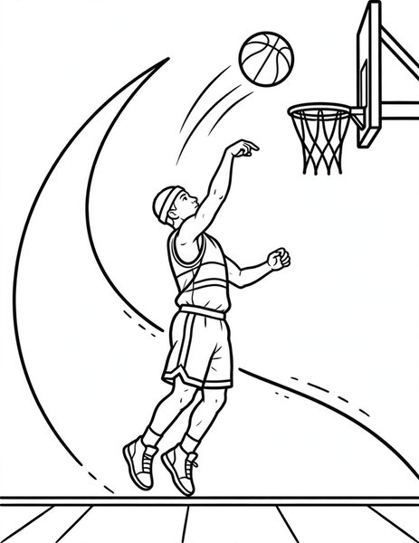 Three Pointer coloring page: A shooter launches a deep three.