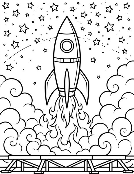 Rocket Ship coloring page: A rocket blasts off toward the stars.