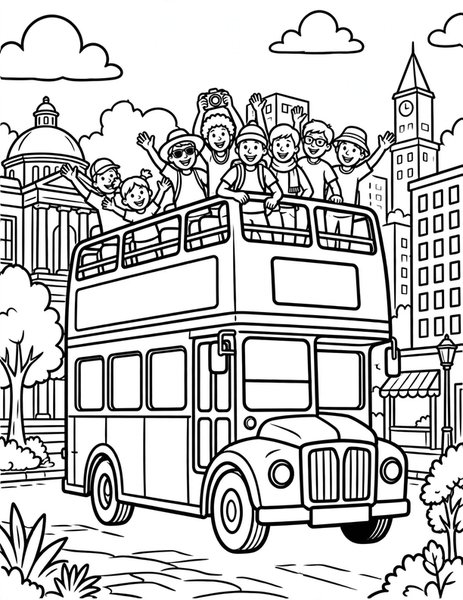 Double-Decker Bus coloring page: A double-decker bus tours the city sights.