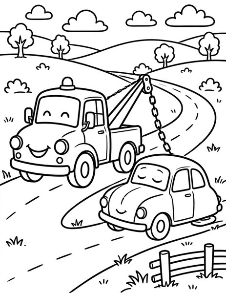 Tow Truck coloring page: A tow truck hauls a sleepy old car.