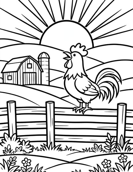 Proud Rooster coloring page: A rooster crows at sunrise on the fence.