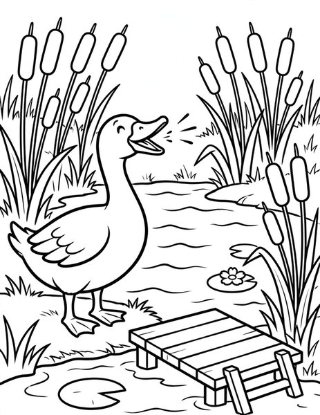 Honking Goose coloring page: A white goose honks by the farm pond.