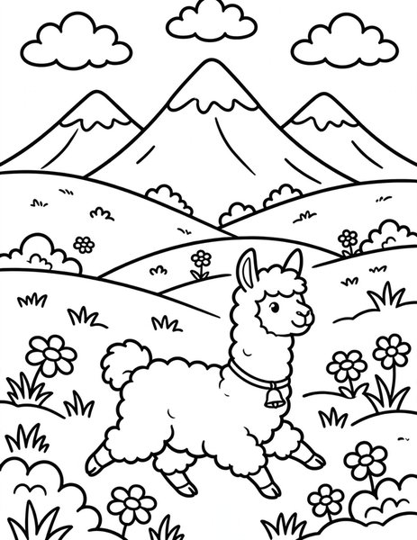 Lively Llama coloring page: A fluffy llama trots through the mountain meadow.