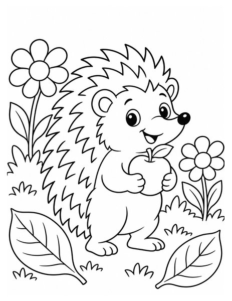Hedgehog Apple Picnic coloring page: A cheerful hedgehog carries a small apple through a simple flower garden.