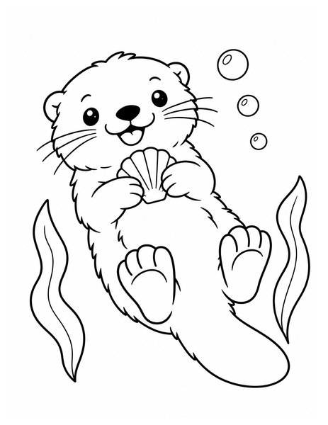 Sea Otter Shell Float coloring page: A playful sea otter floats on its back while holding a shell among gentle seaweed leaves.