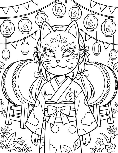 Fox Mask Festival coloring page: A girl wears a painted fox mask.