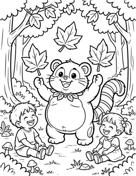 Tanuki Trickster coloring page: A tanuki juggles leaves for laughing kids.