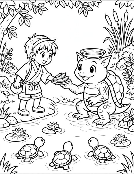 Kappa Cucumber Gift coloring page: A kid befriends a kappa with cucumbers.