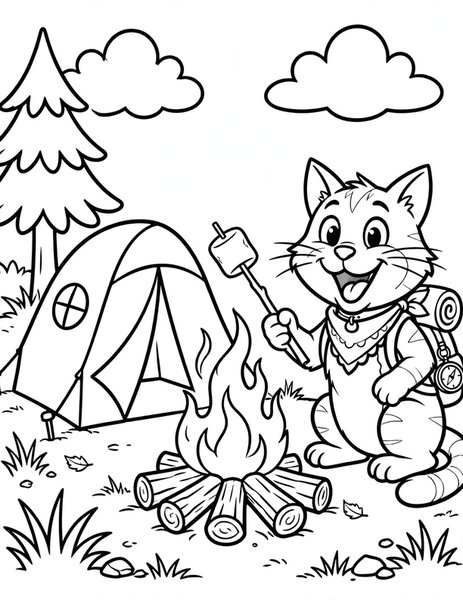 Camping Cat coloring page: A cat roasts marshmallows by a tent.