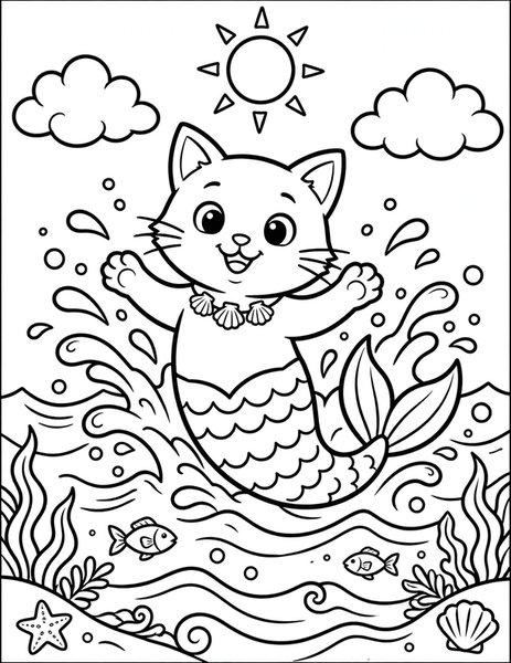 Mermaid Cat coloring page: A cat splashes with a mermaid tail.