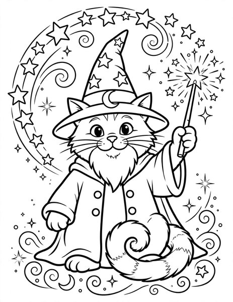 Wizard Cat coloring page: A cat waves a magic wand.