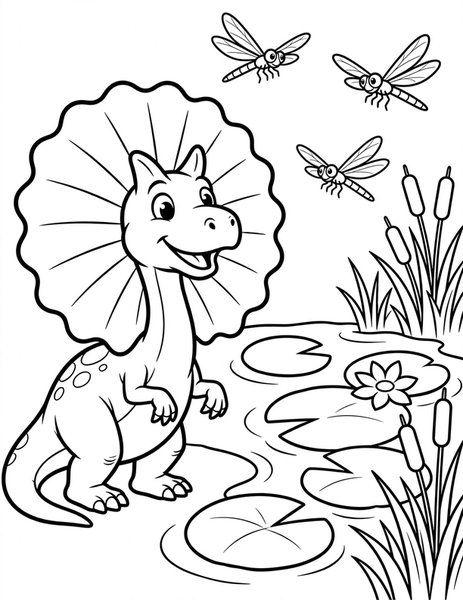 Dilo Surprise coloring page: A dilophosaurus opens its frill wide to say hello.