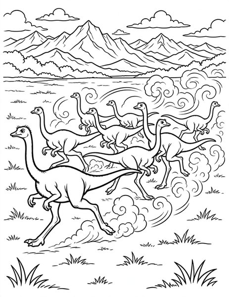 Gallimimus Sprint coloring page: A flock of gallimimus dashes across the open field.
