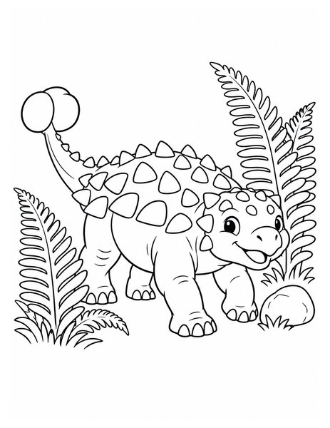 Friendly Ankylosaurus coloring page: A friendly ankylosaurus walks beside broad ferns and a small round rock.