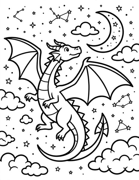 Starry Night Flight coloring page: A dragon soars past the moon and twinkling stars.