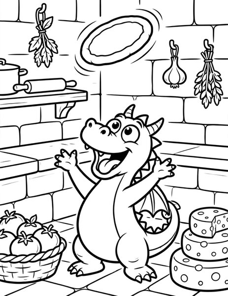 Dragon Pizza Night coloring page: A dragon tosses pizza dough high in the air.