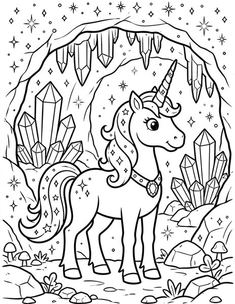 Crystal Unicorn coloring page: A unicorn guards crystal caves.