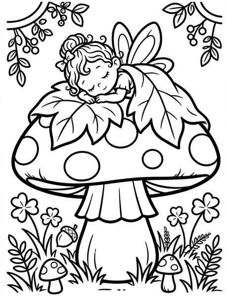Mushroom Fairy coloring page: A fairy naps on a toadstool.