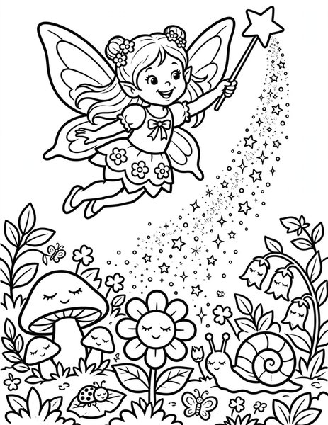 Wand Wave coloring page: A fairy sprinkles magic dust.