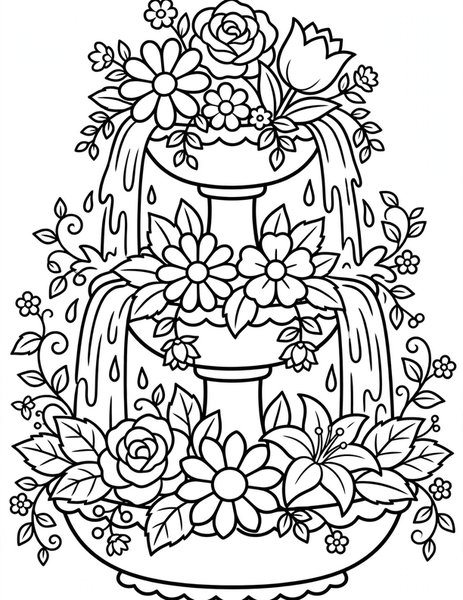 Detailed Floral Fountain coloring page: A fountain of cascading flowers.