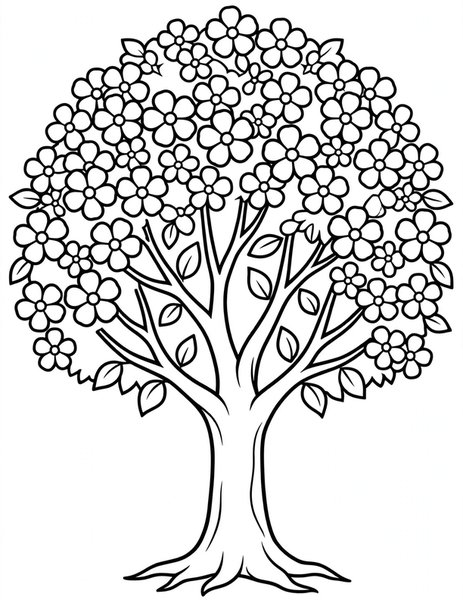 Detailed Blooming Tree coloring page: A tree crowned with detailed blooms.