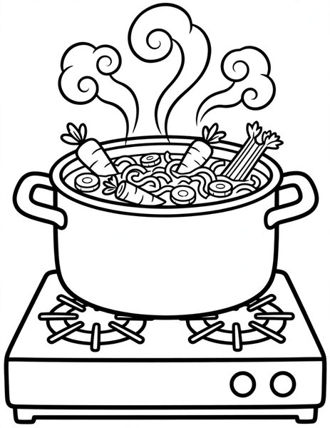 Soup Pot coloring page: A pot of steaming vegetable soup.