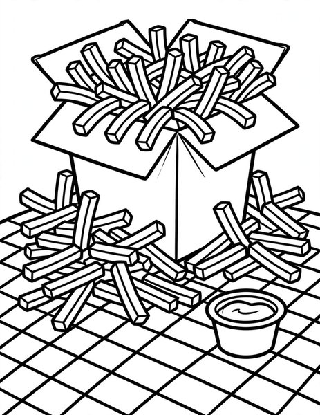 French Fries coloring page: A carton of golden fries.