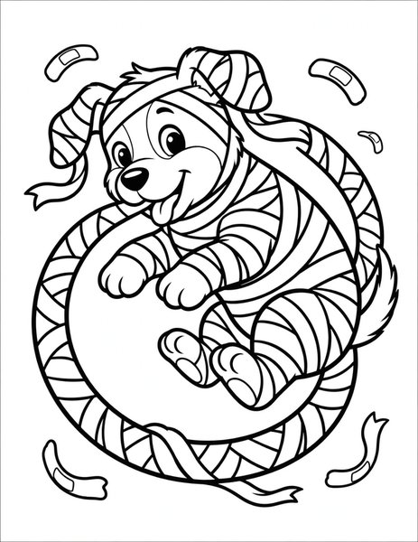 Mummy Dog coloring page: A playful puppy wrapped in mummy bandages chases its own tail.