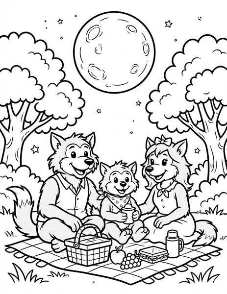 Werewolf Picnic coloring page: A werewolf family spreads out a picnic blanket under the full moon.