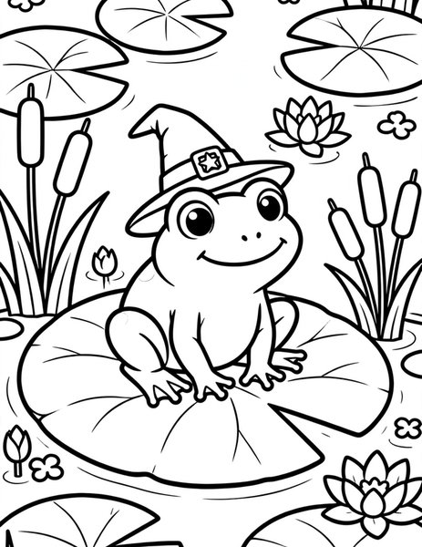Witch's Frog coloring page: A witch's frog friend sits on a lily pad wearing a tiny pointed hat.
